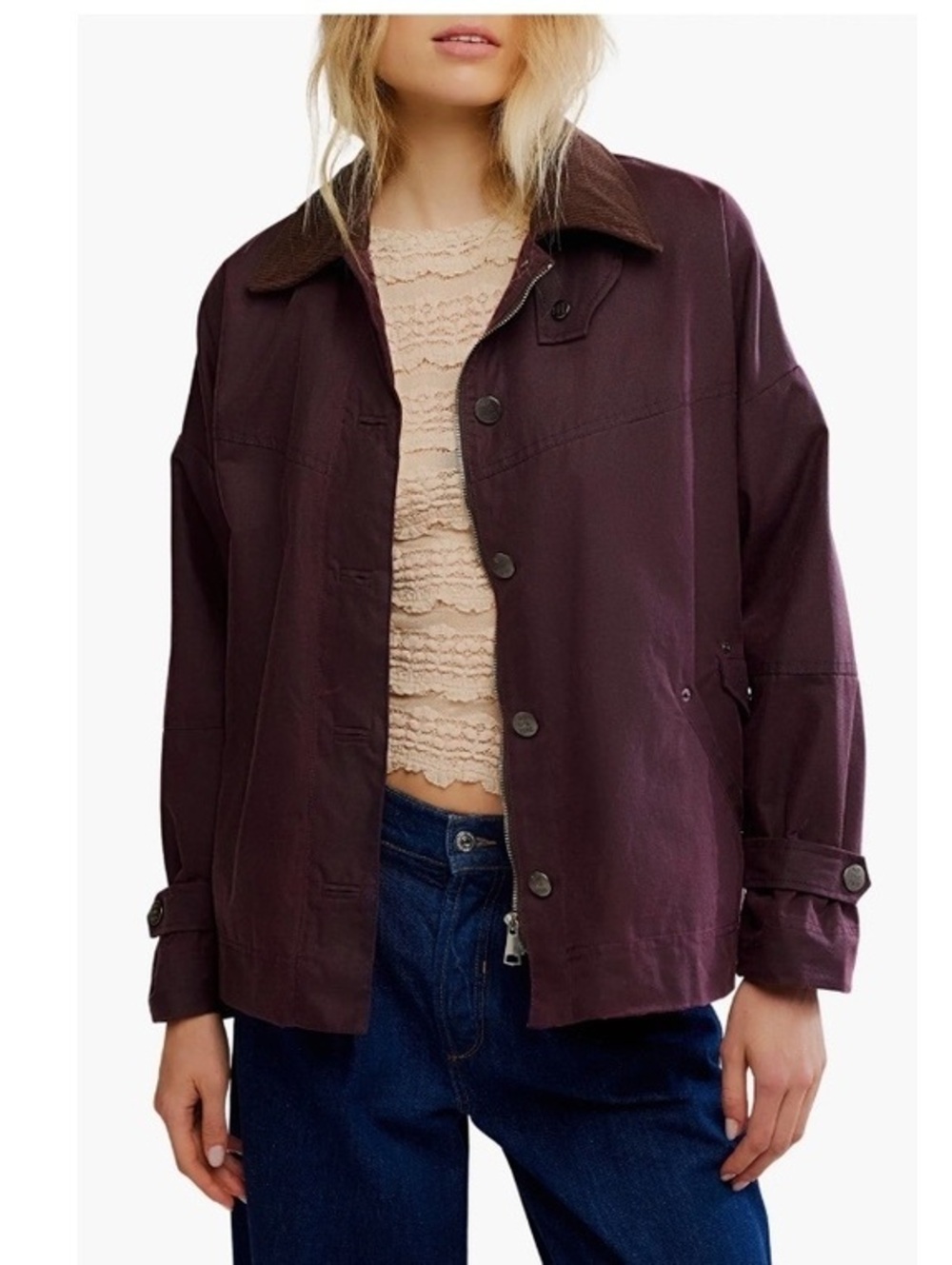NWOT we the free Cori waxed cotton barn chore jacket plaid lining burgundy brown